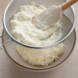 Cremige Quarkfuellung in einem Sieb