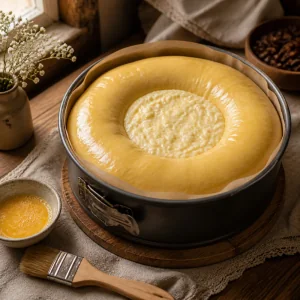 Glaenzende mit Ei bestrichene Paska vor dem Backen