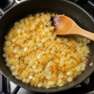 Chopped onions cooking in butter until golden at the edges.