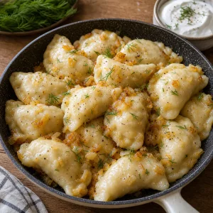 Cooked varenyky tossed with buttery onions, dill, and black pepper.