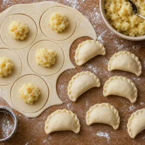 Dough rounds filled with potato mixture and sealed into half-moon varenyky.