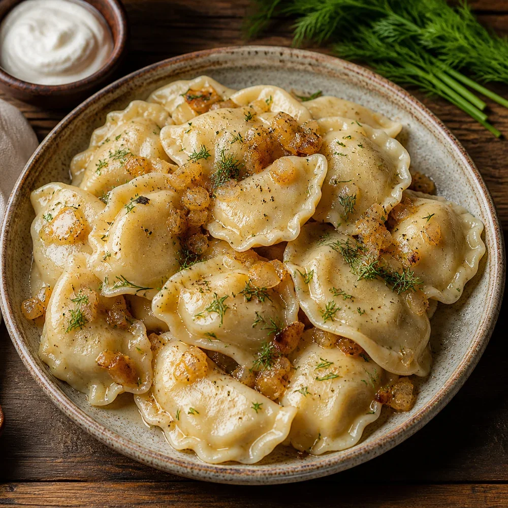 Finished varenyky with buttery onions, dill, and sour cream.