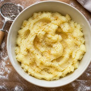 Mashed potato filling mixed with cooked onions and black pepper.