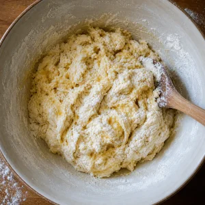 Shaggy varenyky dough mixed in a bowl before kneading.