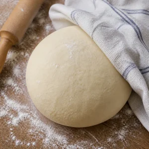 Smooth varenyky dough resting under a kitchen towel.