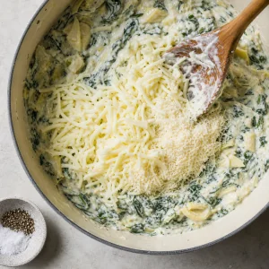 Mozzarella y queso parmesano mezclados con la preparación de dip de espinacas y alcachofas