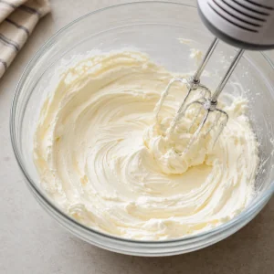 Queso crema ablandado batido hasta quedar suave y cremoso en un bol