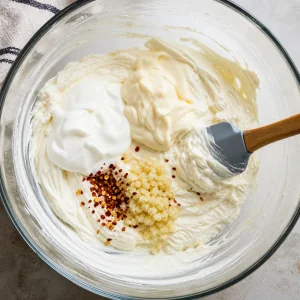 Crema agria mayonesa ajo y hojuelas de pimiento rojo mezclados con la base de queso crema