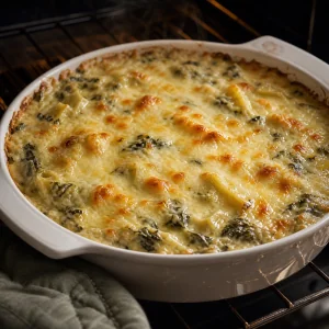 Dip de espinacas y alcachofas horneado hasta calentarse con queso derretido y burbujeante encima