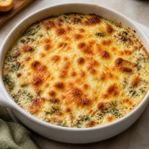 Dip de espinacas y alcachofas gratinado hasta que la cobertura de queso quede dorada