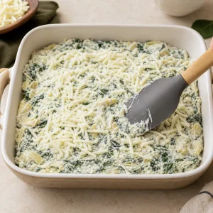 Dip de espinacas y alcachofas extendido en una fuente y cubierto con mozzarella