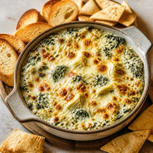 Ultimate creamy spinach and artichoke dip baked until golden and served with chips and toasted baguette slices