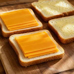 Cheddar slices layered on bread for grilled cheese sandwiches