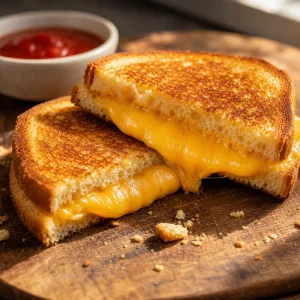 Sliced crispy grilled cheese with melted cheddar on a wooden board
