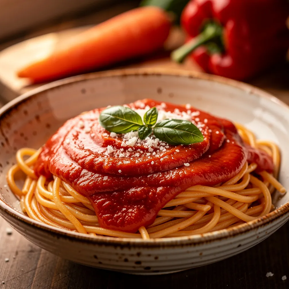 A bowl of spaghetti topped with smooth red hidden vegetable sauce and fresh basil