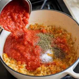 Crushed tomatoes and Italian seasoning added to the vegetable mixture