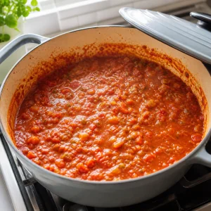 Hidden veggie tomato sauce simmering gently in a Dutch oven