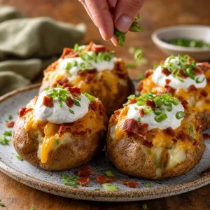 사워크림과 송송 썬 쪽파를 올려 완성한 loaded baked potato
