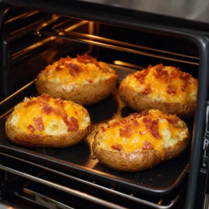 오븐 안에서 치즈가 보글보글 녹은 loaded baked potato
