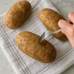 굽기 전에 포크로 감자를 찌르는 모습