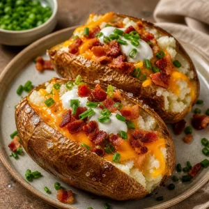 Ultimate loaded baked potatoes with crispy bacon, melted cheese, sour cream, and chives