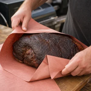 Paleta de cerdo con corteza oscura envuelta firmemente en papel de carnicero