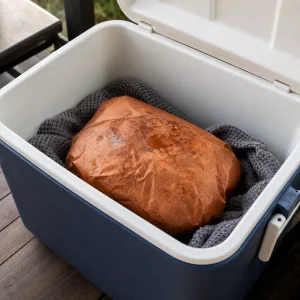Paleta de cerdo ahumada envuelta reposando en una nevera aislada
