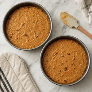 Carrot cake batter divided between two round pans before baking