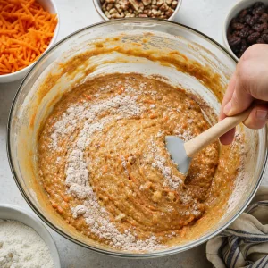 Dry ingredients folded into wet carrot cake batter with a spatula