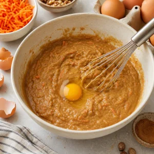 Egg added to spiced carrot cake batter and whisked in