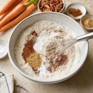 Flour and warm spices whisked together for carrot cake