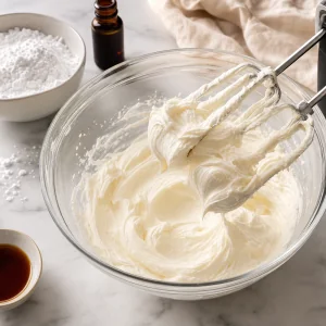Fluffy cream cheese frosting whipped until smooth