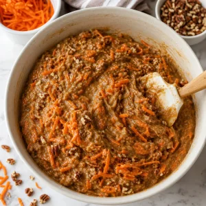 Grated carrots and chopped pecans folded through carrot cake batter