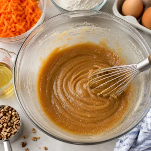 Oil sugars and vanilla mixed into a smooth carrot cake batter base