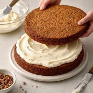 Second carrot cake layer stacked over thick cream cheese frosting