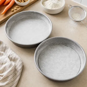 Two round cake pans greased and floured for carrot cake batter