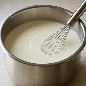 Ein Schneebesen rührt Joghurt-Starter in die abgekühlte Milch.