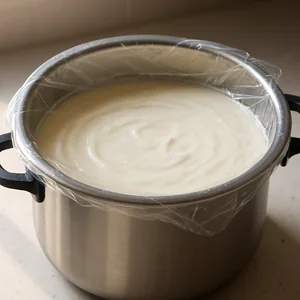 Weich gesetzter Joghurt ruht im Innentopf, abgedeckt zum Kühlen.