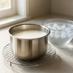 Der Innentopf steht mit Milch darin zum Abkühlen auf einem Gitter.