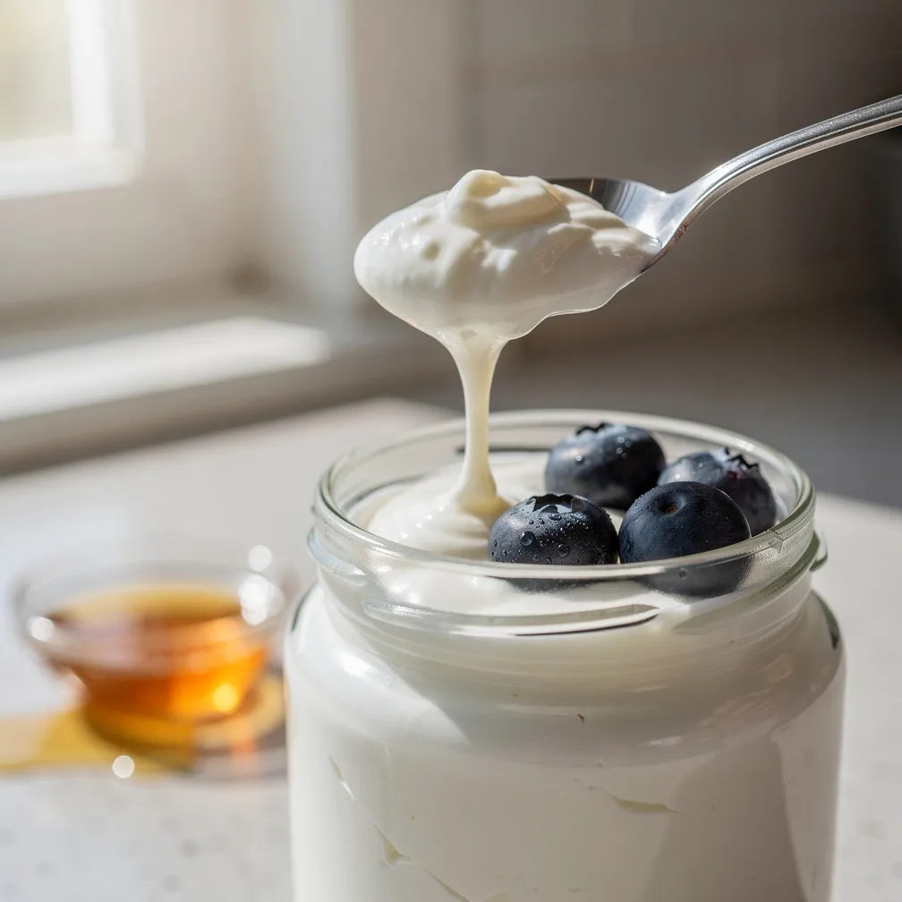Thick and creamy homemade yogurt in a glass jar with a spoon and fresh berries