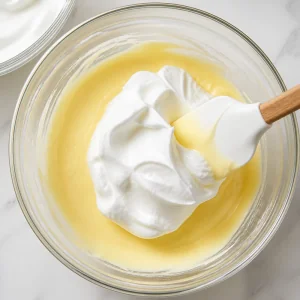 A scoop of meringue folded into the yolk batter