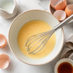 Egg yolks whisked with milk and vanilla until pale