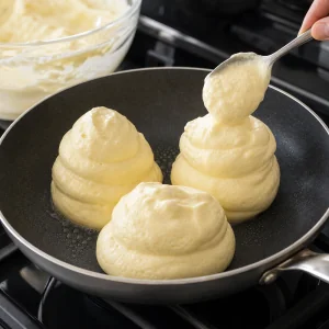 Three tall mounds of souffle pancake batter scooped into the pan