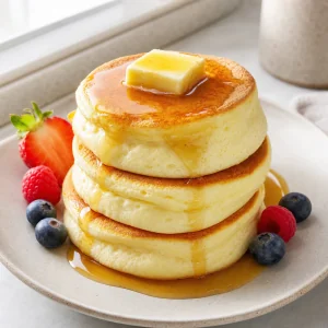 Ultra fluffy Japanese souffle pancakes with butter, berries, and maple syrup