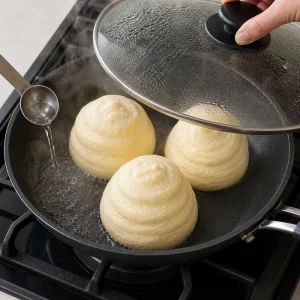 Water added to the skillet as souffle pancakes steam under a glass lid