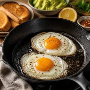 Ovos estrelados fritando em uma frigideira de ferro