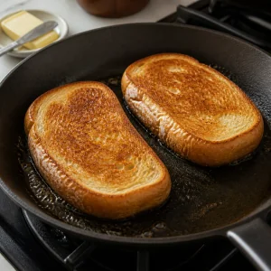 Buttered sandwich rolls toasting in a skillet