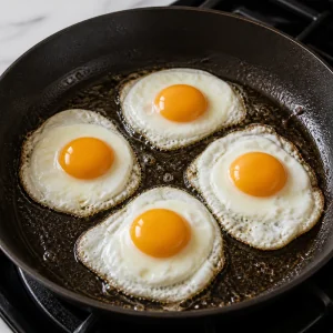 Fried eggs cooking in a skillet