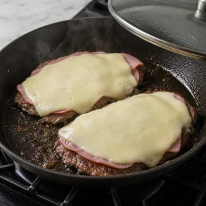 Steaks topped with ham and melting cheese in a skillet