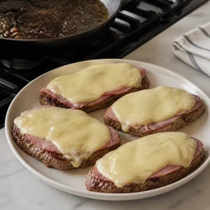 Warm steak stacks with ham and melted cheese on a plate
